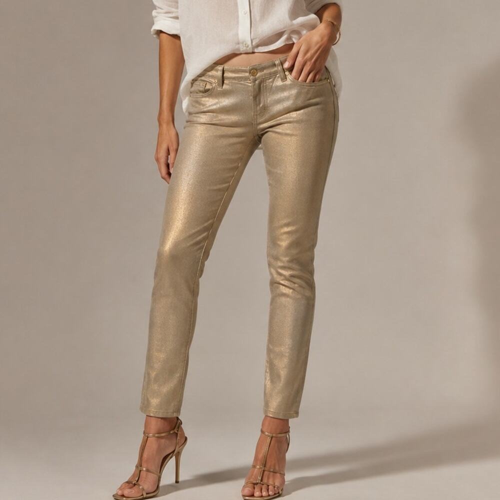 7 For All Mankind Skinny Jeans Women Size 32 Gold Shimmer Low Rise Y2K Glam